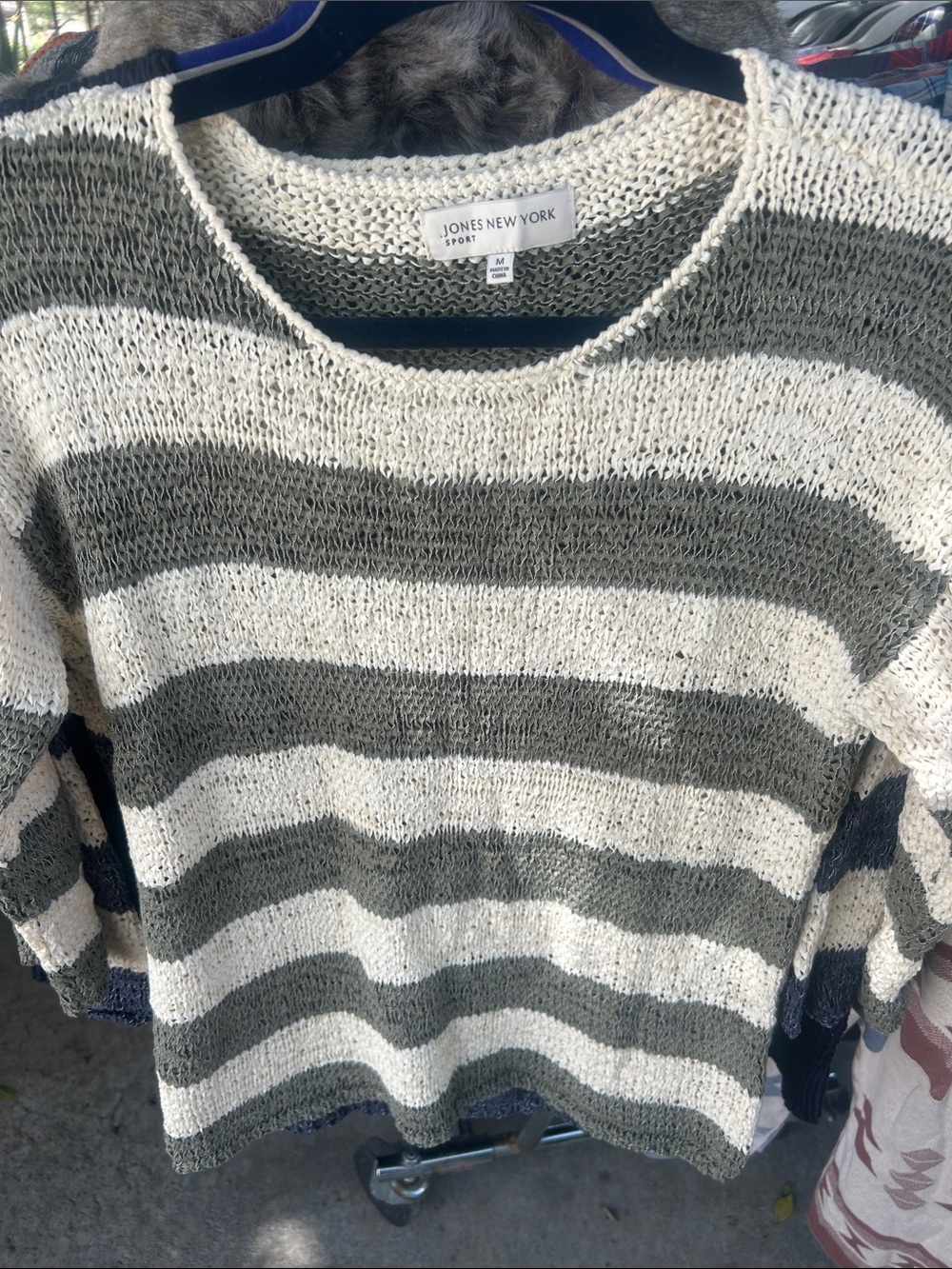 Jones New York Olive and Cream Striped Open-Knit Crew Sweater